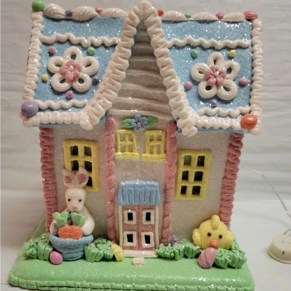 Easter Spring Clay Dough Light Up House 9” White Bunny In Glittered Gingerbread